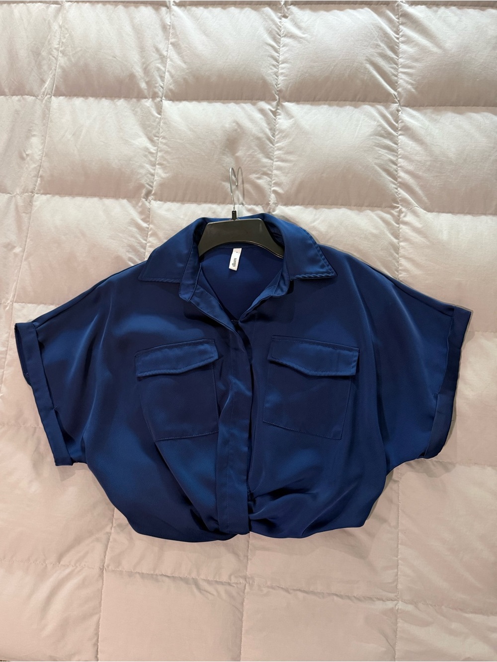glam Navy Satin Button-Front Short Sleeve Shirt